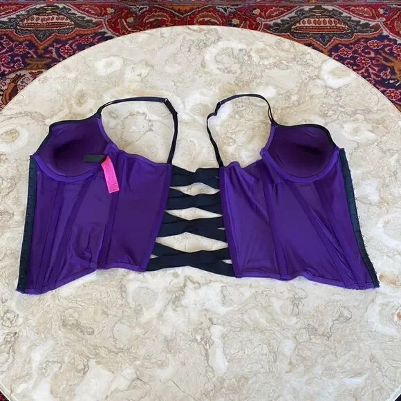 La SENZA Bustier Purple Black Lace Open Cross Back Medium - Picture 15 of 16